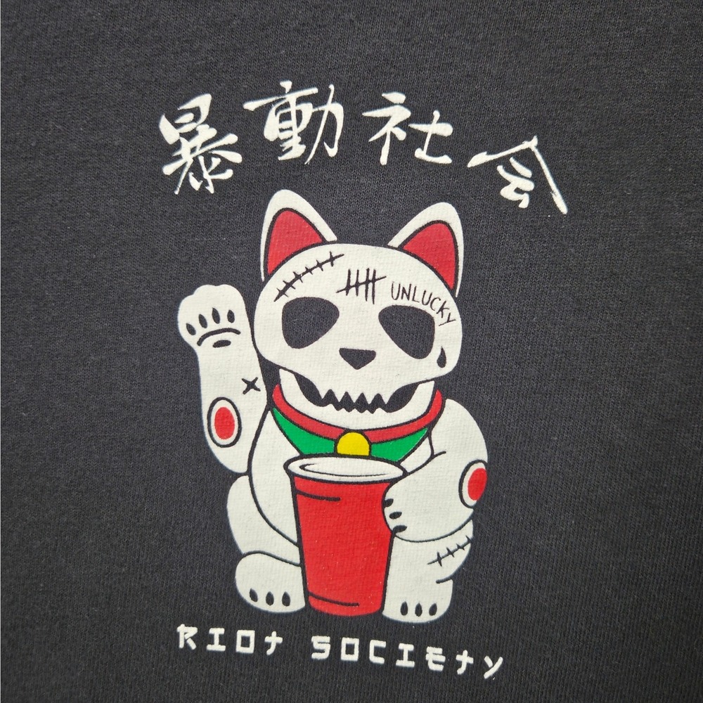 Riot Society Lucky‎ Cat Graphic Tee Men's Medium Black SS Anime Streetwear